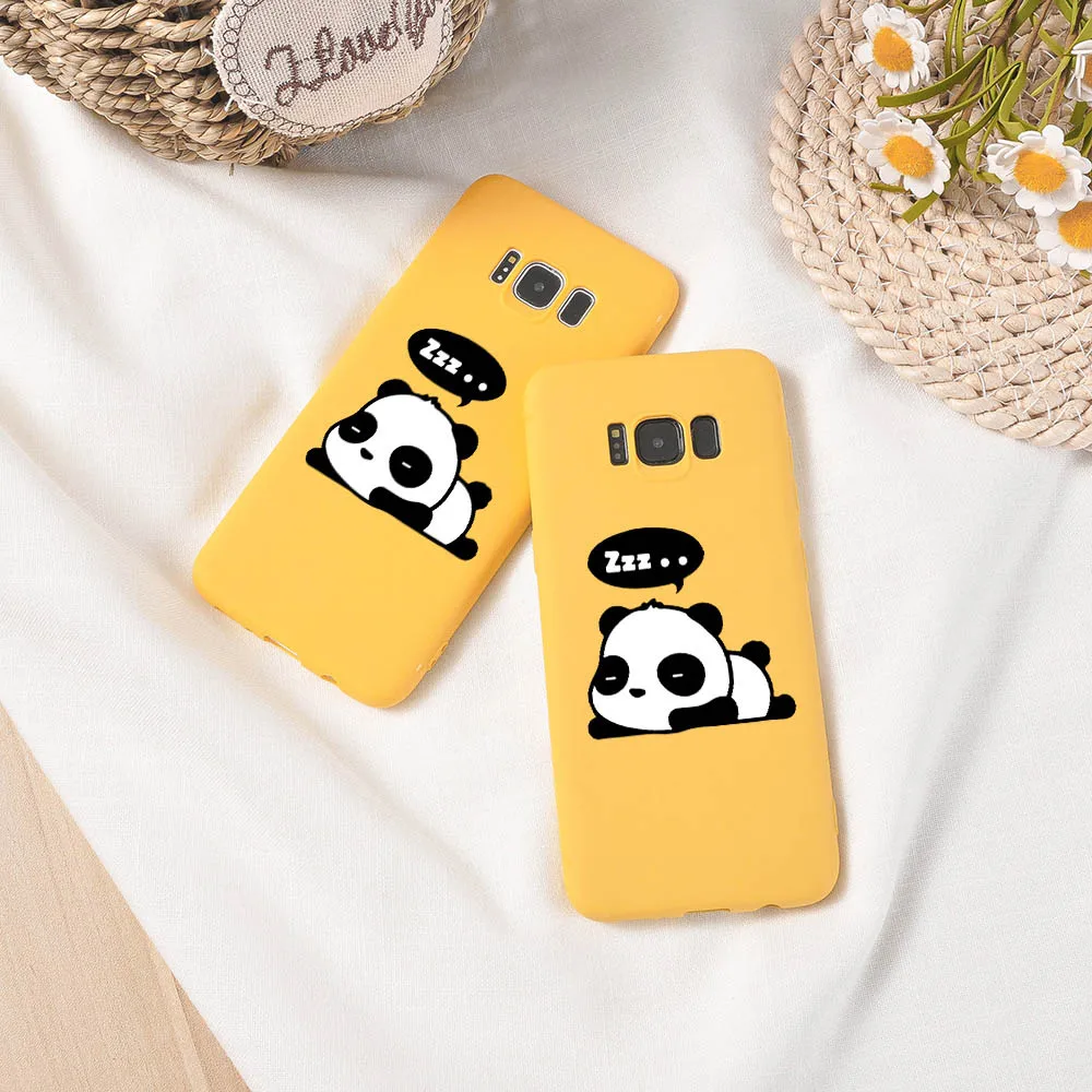 

Cute Panda Couple Yellow Phone Case For Samsung Galaxy S8 S9 S10 Plus S7 Soft TPU Kawaii Panda Pattern Case Cover For Galaxy S7