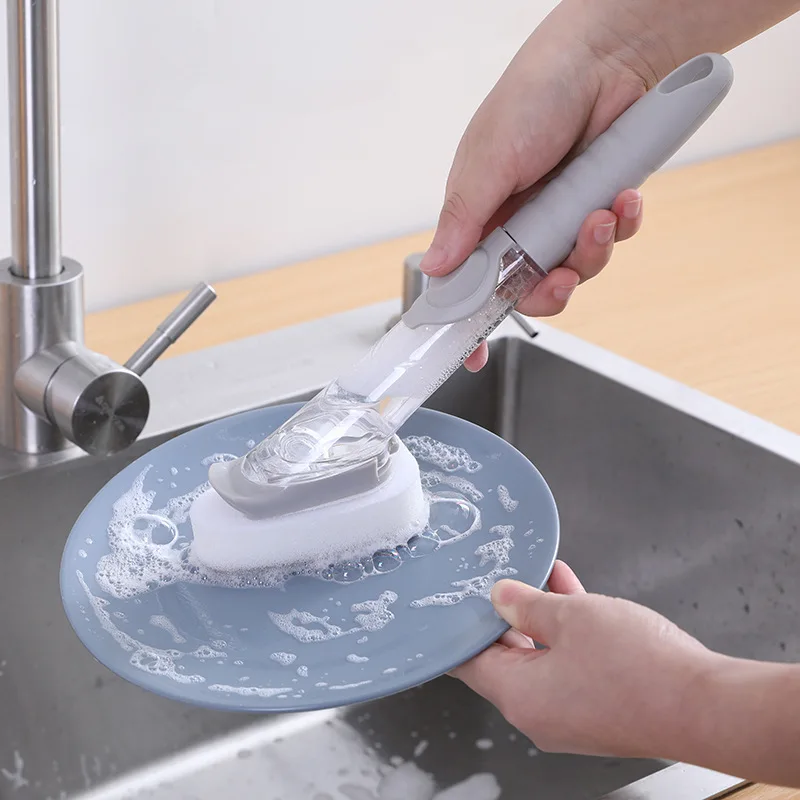 Kitchen Long Handle Cleaning Brush Automatic Liquid Dispenser Dishwashing Sponge Cleaning Brush Scrubber Kitchen Cleaning Tools - 4
