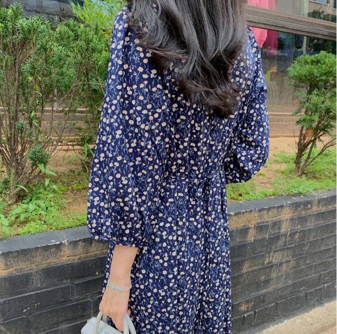 Little Flower Print Blue Dress One Piece V Neck Puff Sleeve Vintage Long Dress Spring Autumn Robe Longue Vestido Largo Vestiti