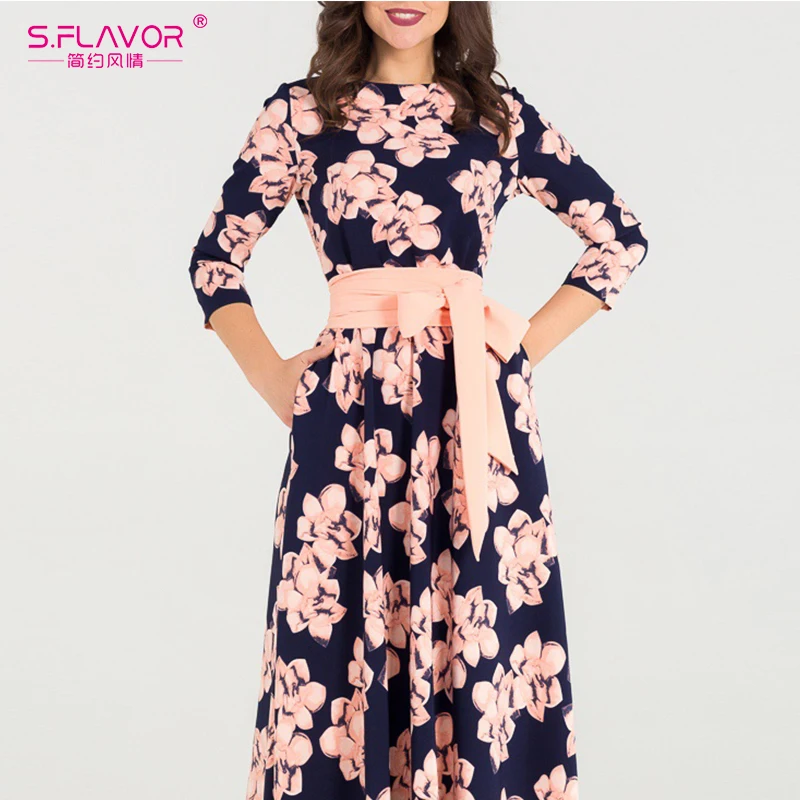 Женское свободное длинное платье S.FLAVOR, элегантное праздничное платье с принтом и О-образным вырезом без карманов для весны и лета