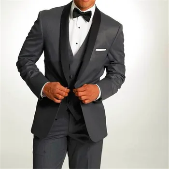 

New black men suit Groom Tuxedos Gray Men's Suit Peak Lapel Groomsmen Men Wedding Suits Prom Suits (Jacket+Pants+Vest+bow)