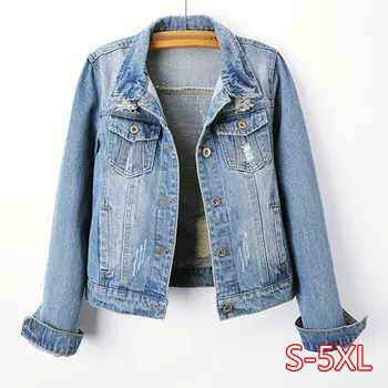 

Plus Size Ripped Hole Cropped Jean Jacket 4Xl 5Xl Light Blue Bomber Short Denim Jackets Jaqueta Long Sleeve Casual Coat