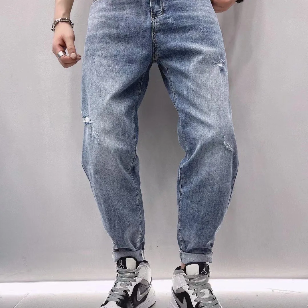 Pantalones flojos rectos de mezclilla para hombre, jeans perforados  informales de marca a la moda, color azul lavado, primavera y otoño, 2021 _  - AliExpress Mobile