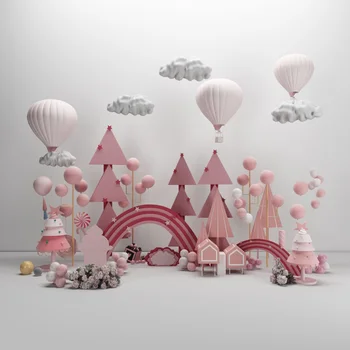 

Laeacco Pink Backdrops For Photography Rainbow Castle Hot Air Balloons Cake Gift Birthday Party Child Photographic Background