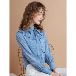 Шифоновая женская блузка в горошек 2019 Осенняя модная синяя рубашка с длинными рукавами и оборками офисная блузка тонкие повседневные топы
