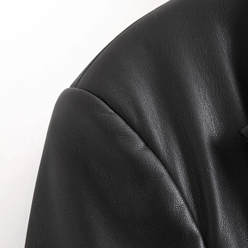 Autumn Winter Women Faux leather Blazer Black Double Breasted Office Lady Suit Coat