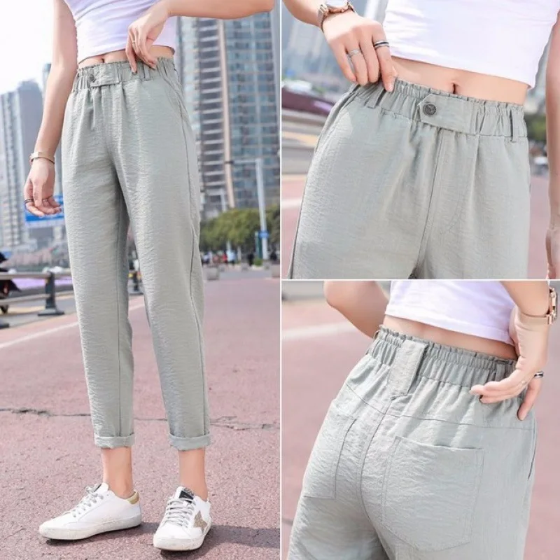 

2019 Summer Viscose Cotton Linen Casual Pants Women's Loose-Fit Students Capri Pants Korean-style Slimming Thin Skinny Harem Pan