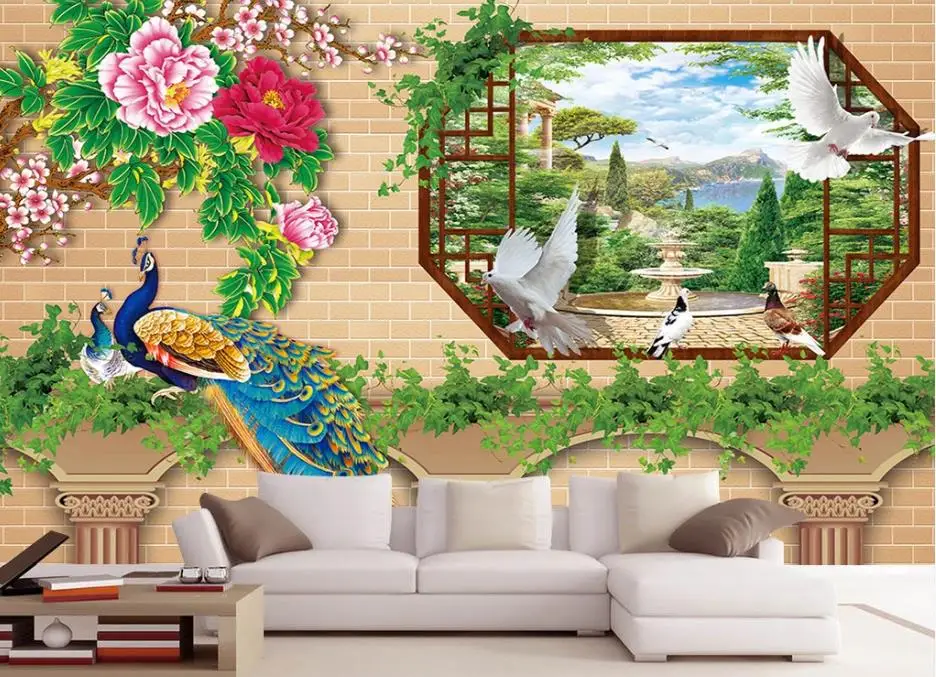 Custom Peacock peony iving room decoration 3d wallpaper walls European 3D TV background wall | Обустройство дома