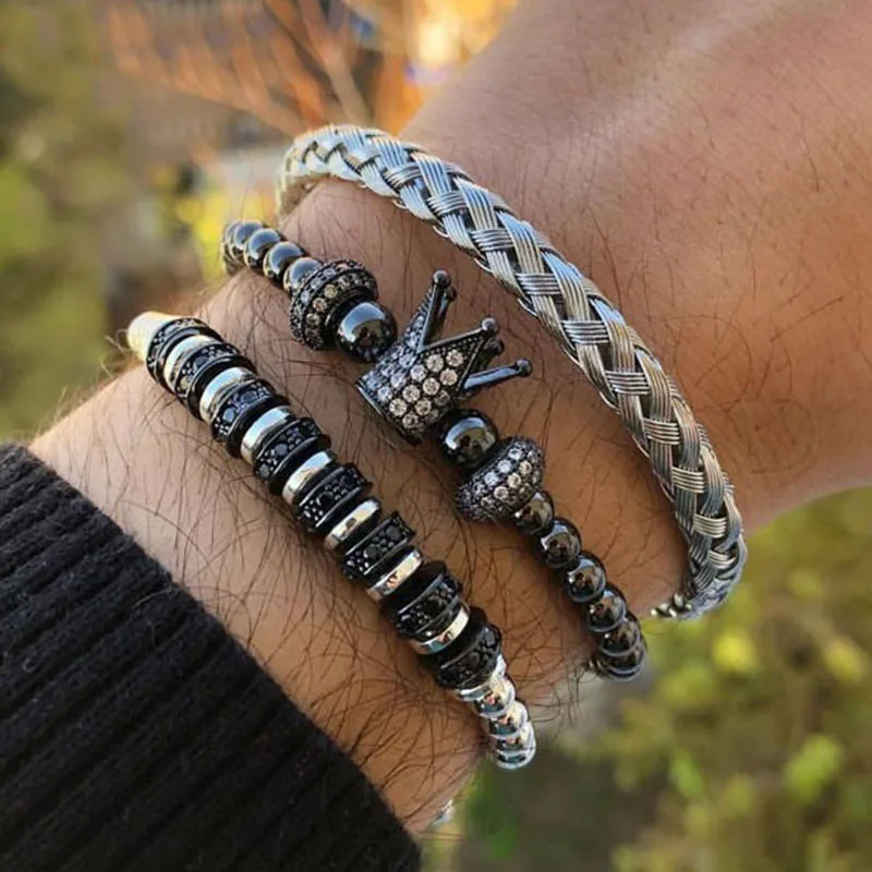 

3PC/SET Men Jewelry Bracelet Set CZ Pave Crown Charm Bracelet Stainless Steel Bangle Beaded Macrame Bracelet
