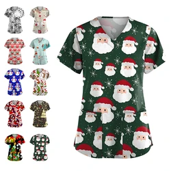 Christmas Women Nursing Uniform Scrub V-neck Short Sleeve Top With Pocket Blouse