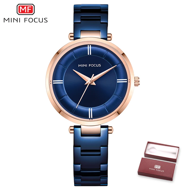 Blue MINIFOCUS модные женские часы синий ремешок из нержавеющей стали водонепроницаемые кварцевые женские часы подарок для жены Relogio Feminino - Цвет: Blue