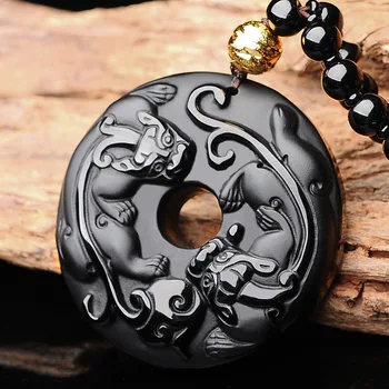 

Natural Obsidian Ice species good luck Necklace PIXIU Exorcism Safety Buckle jade pendant Jewelry for Man Women Amulet Gifts