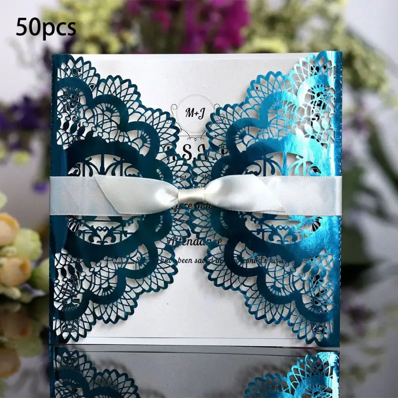  50pcs Wedding Invitation Card with ribbon Laser Cut Floral Glittering Engagement Baptism Invitation - 4.00036E+12