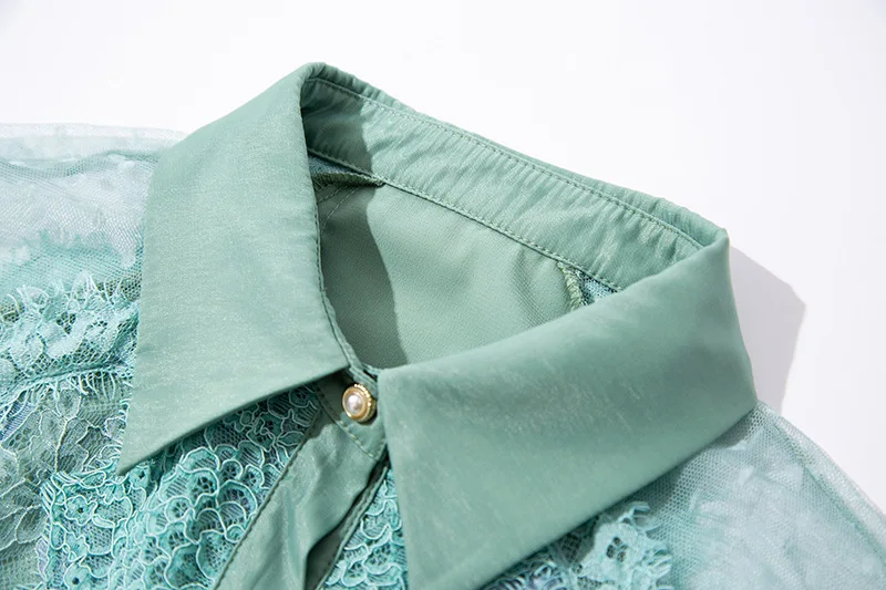 Высококачественная сетчатая рубашка treetwear стильная кружевная Цветочная элегантная гофрированная рукава Элегантная сетчатая точечная волновая печать женская рубашка S-L