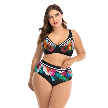 

Women Swimsuit Plunging Bikini Set Big Breast Flower Print Swimwear Push Up Adjustable Beach Wear Biquinis Bathing Suit 4XL