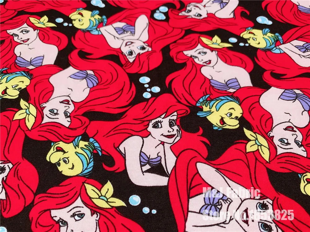

50X178m princess Mermaid kniteed cotton fabrics Cartoon print Patchwork DIY baby clothing material Sewing T-shirt Sheets