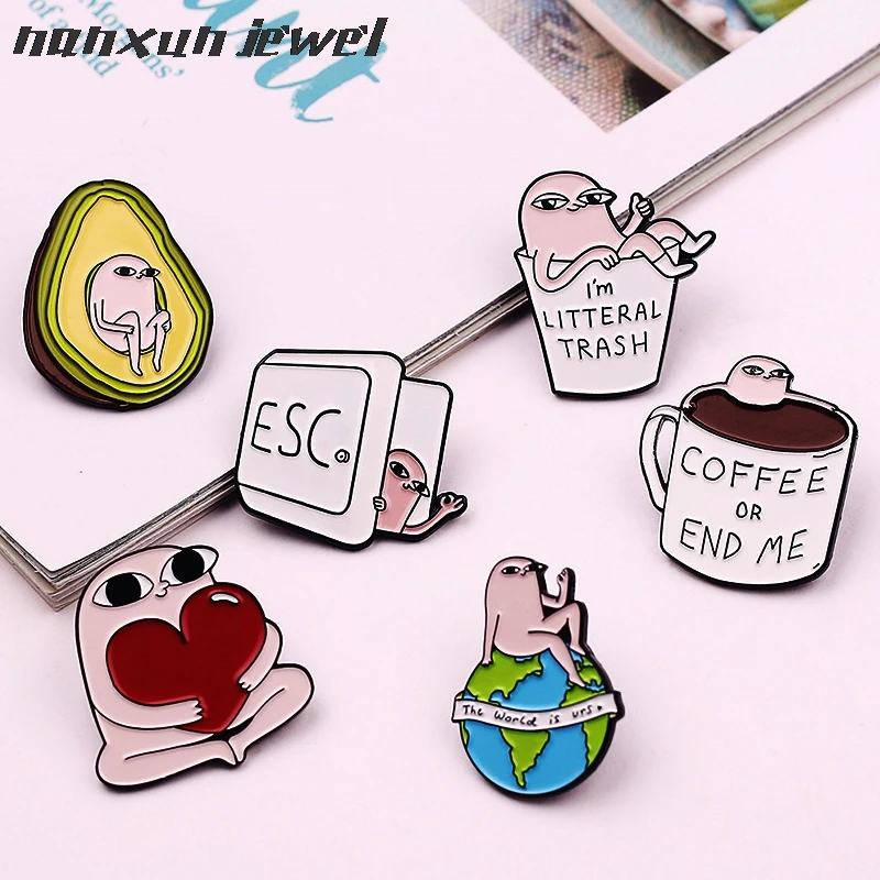 

ESC story Earth Coffee Brooch Avocado Trash cup heart Denim Enamel pins metal Badges Brooches Men Women Gifts Jewelry