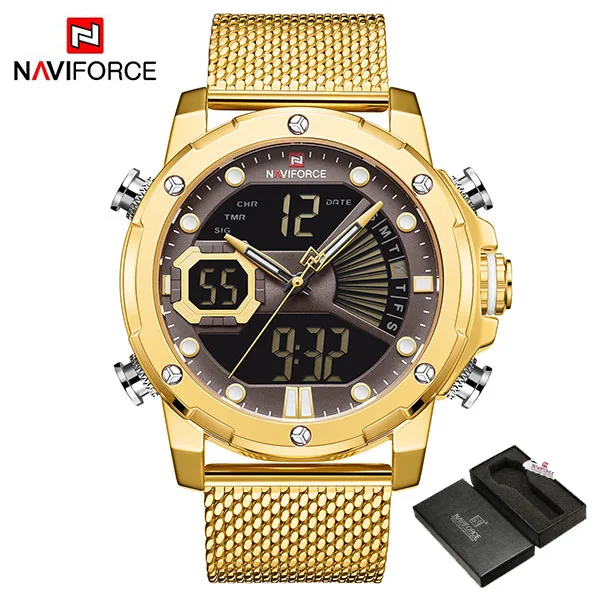 NAVIFORCE Топ бренд Lucury мужские часы спортивные часы из нержавеющей стали водонепроницаемые наручные часы Подарки для мужчин relogio masculino - Цвет: GoldCoffeeWithBox