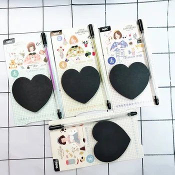 

50Sheets Novelty Black Memo Pads With Highlighter Kawaii Adhesive Sticky Notes For Kids Girls School Office Supplies Stationery