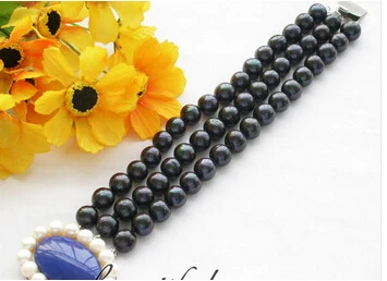 free shipping >>>Stunning 3row 10-11mm black round freshwater pearl bracelet lapis