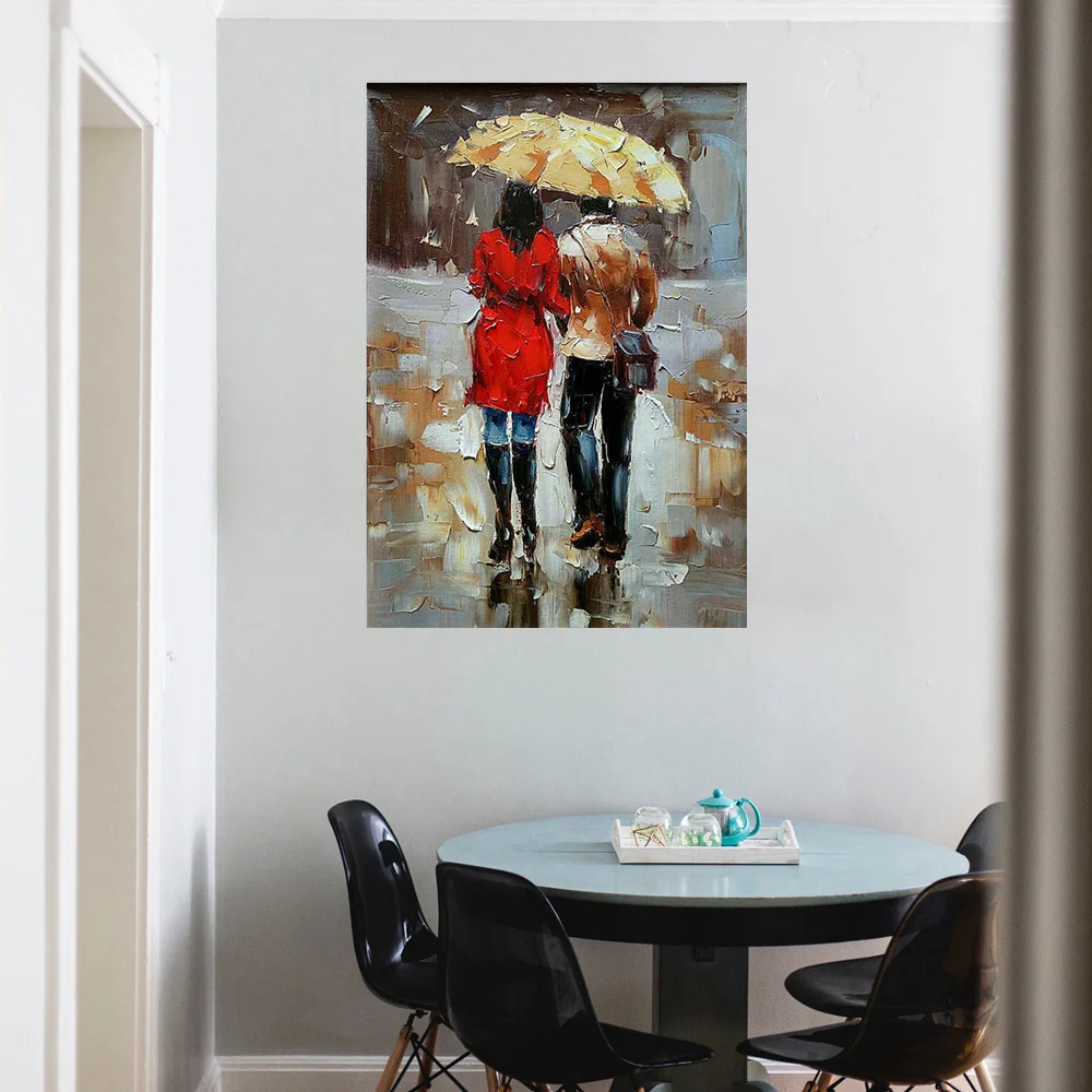 

Lovers in Rainy Days Yellow Umbrella Handpainted Canvas Oil Knife Painting Office Wall Art for Vintage Home Decor Drop Shipping