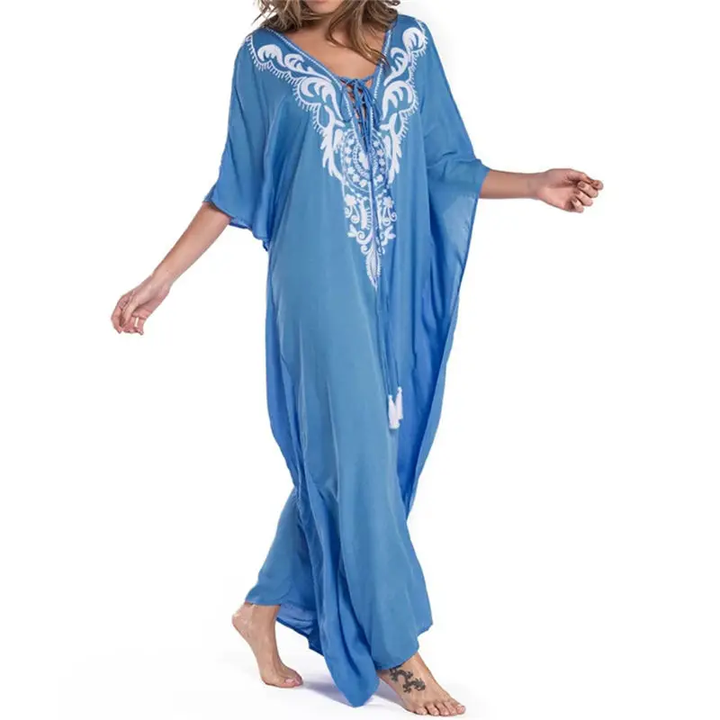 

2019 Sexy Lace Up Plunging Neck V Back Bats Sleeve Summer Dress Beach Kaftan Blue Bohemian Embroidered Maxi Dress Beachwear N928