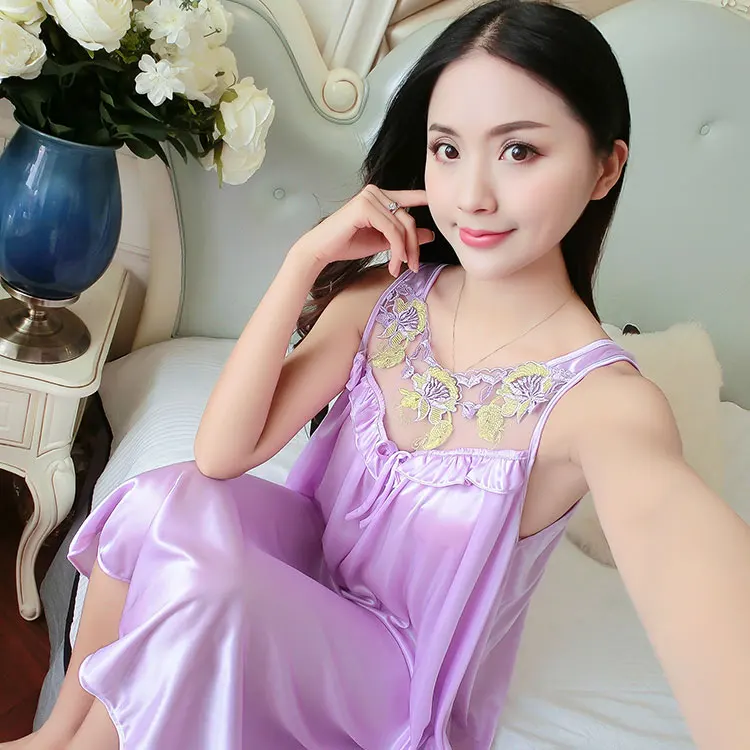 Size 4XL Sexy Women V-Neck Ice Satin Nightgown Silk Lace Satin Bowknot Sleepwear Ladies Solid Sleeveless Summer Home Sleep Dress