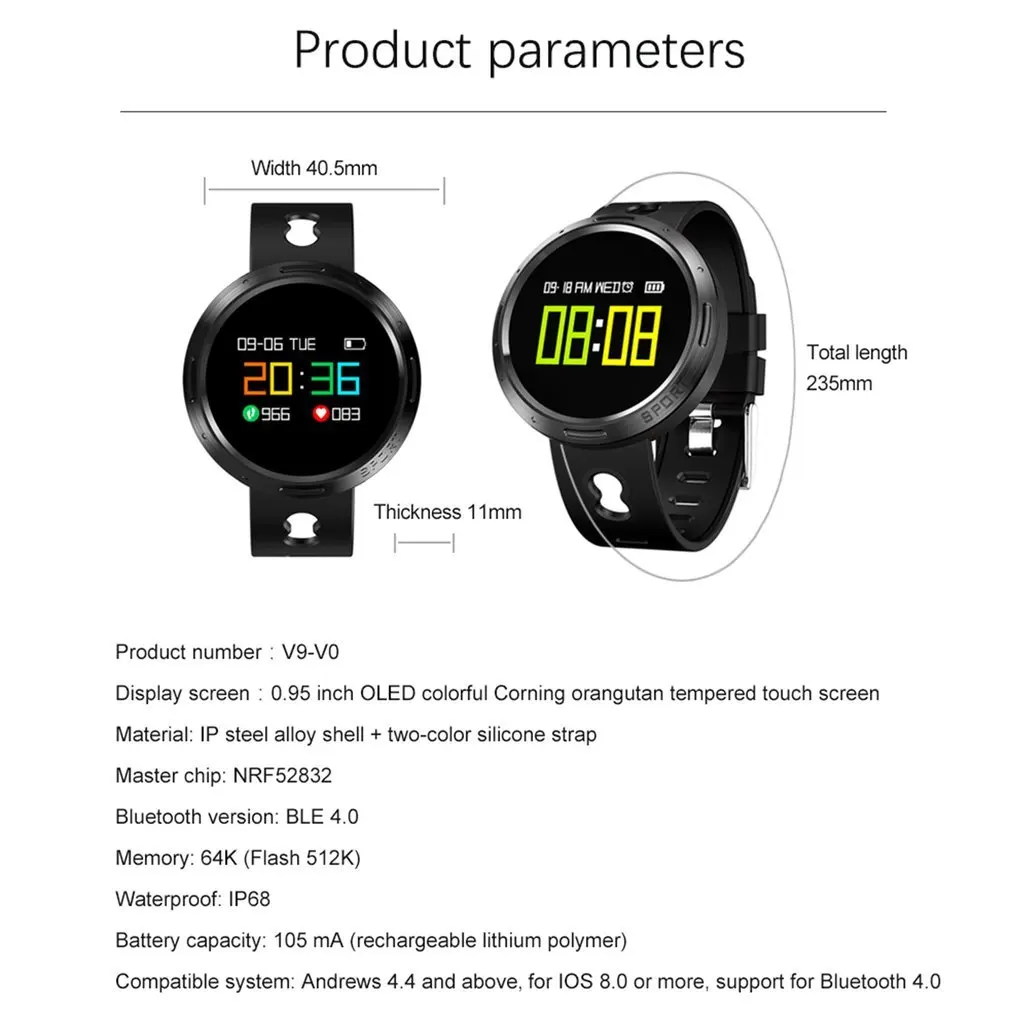 Популярный портативный смарт-браслет X9V0 Bluetooth 4,0 с 0,95 дюймовым OLED цветным экраном g-сенсор встроенное напоминание о вибрации