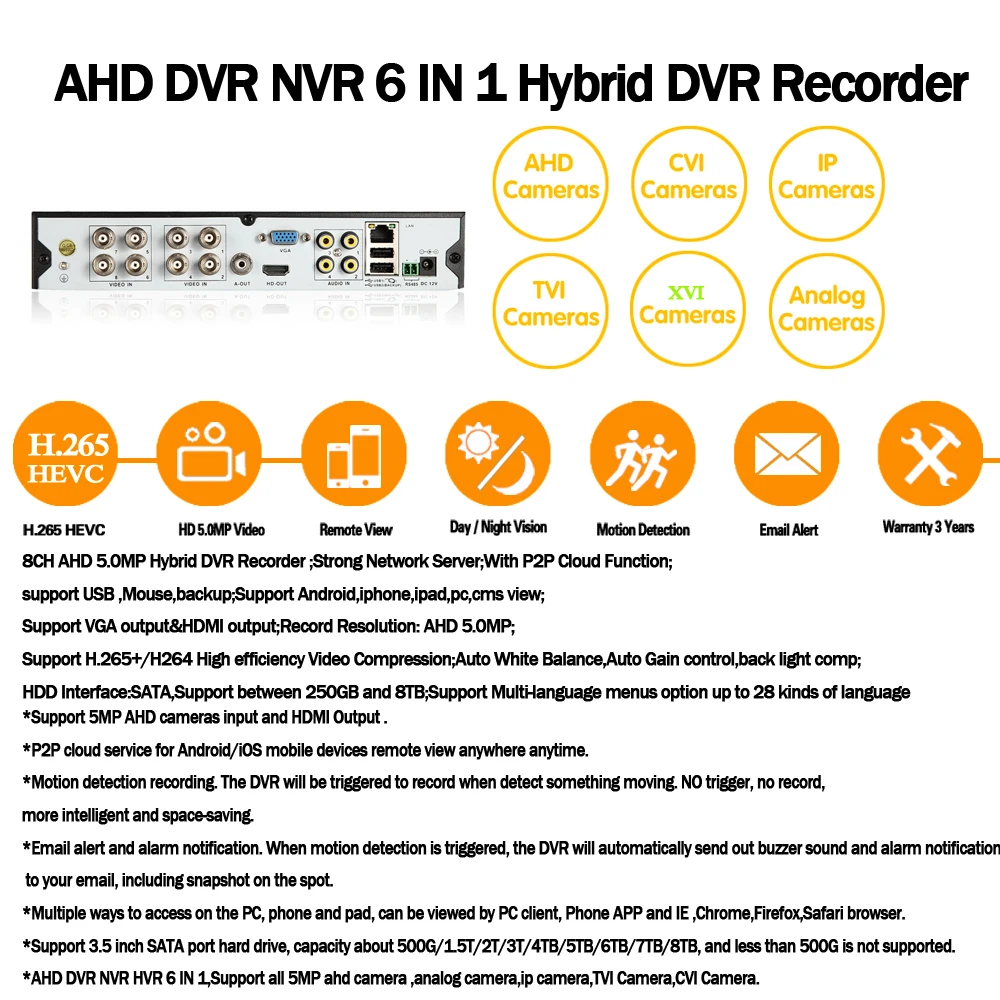 H.265 8CH 6 IN 1 5MP Digital Video Recorder Hybrid NVR 5MP AHD DVR Support 5MP AHD TVI CVI Analog IP Camera Support 3G Wifi P2P