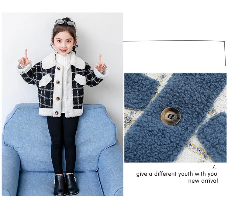 winter England little CC style Artificial lamb fur classic grid warm sweet turn-down collar jacket outwear for teenage girls