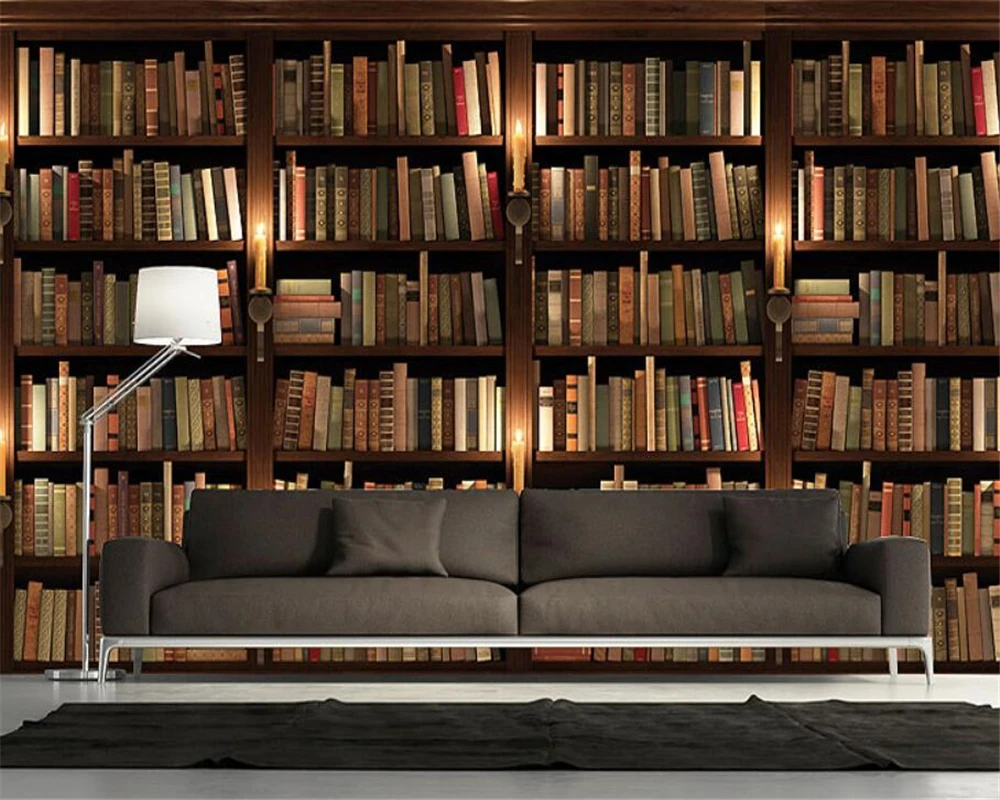 Modern Bookshelf 3D Fake Bookcase TV Background Wallpaper Mural Bedroom Decor 