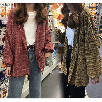 2019 New Woman Vent Vintage Plaid Shirt Single Breasted Turn down Collar Cotton Long Sleeve Button Feminina Sales T8D512Z 8