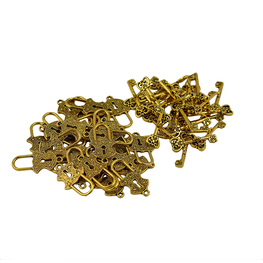 30 Set Of Vintage Key And Padlock Connector Alloy Clasps For Jewelry Creation Crafts - Antique Gold