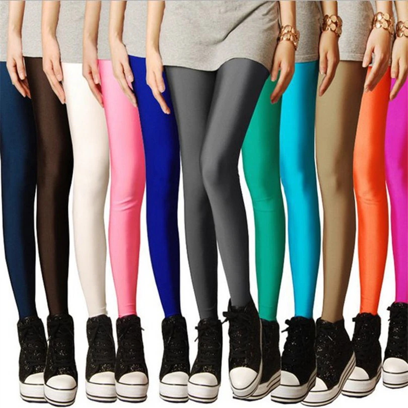 VISNXGI Women Solid Color Pants Leggings Shinny Elasticity Casual Trousers Fluorescent Spandex Candy Ankle-Length Knitted Bottom zyia leggings