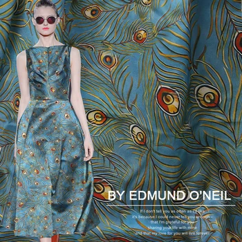 

2019 New Peacock Feather Print Real Silk Fabric Mulberry Stretch Satin Dress Material Telas Tissus Au Metre