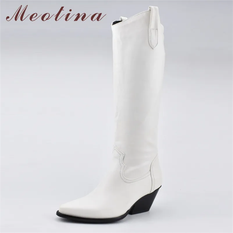 

Meotina Winter Knee High Boots Women Slop on Spike High Heels Western Boots Pointed Toe Long Shoes Female Autumn Black Size 4-12