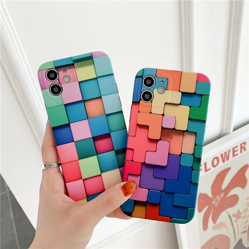 Чехол для телефона с мультяшными цветными квадратами тетрис iPhone 11 12 Pro X XR XS Max 7 8 Plus