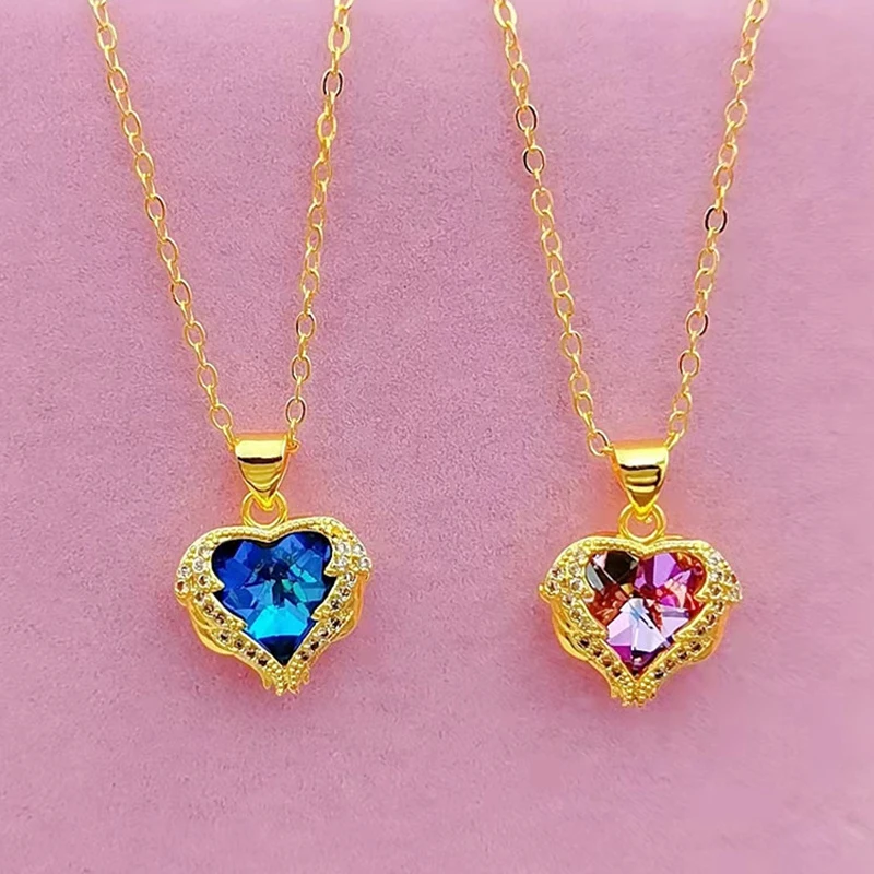 Pure Gold Color Blue/Pink Heart Pendant Necklace For Women /Girls,Wholesale  Price 24k Gold Plated Fashion Jewelry