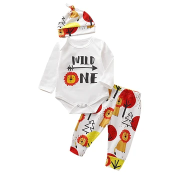

0-18M 3PCS Toddler Baby Boys Clothes Lion Print Tops Romper Long Pants Hat Outfits Set