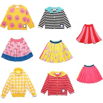 

2019 Winter Cherry Embroidery Knitted Girls Sweaters Pleated Skirts Handmade Baby Pullover Cardigan Toddler Boys Kids Clothes