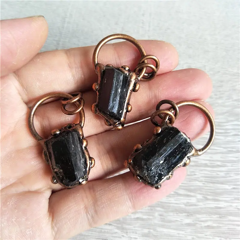 FUWO Hot Sale Black Tourmaline Pendant With Antique Copper Plated Natural Semi Precious Stone Retro Jewelry Wholesale PD376 5Pcs 5