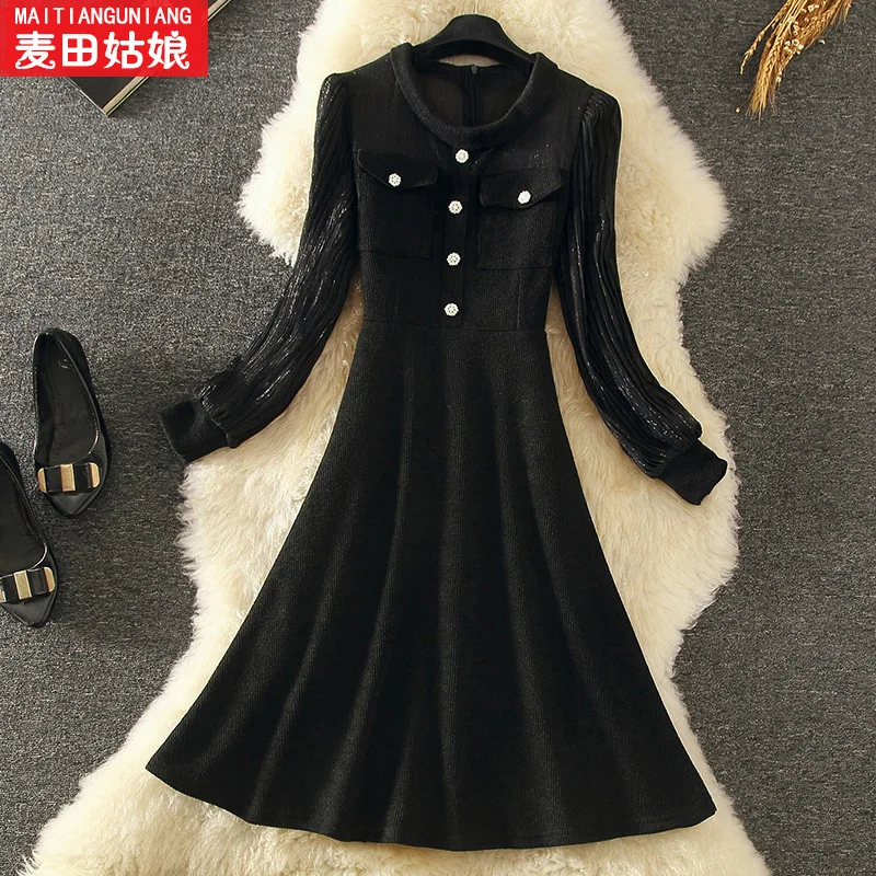 

Spring 2020 New Style WOMEN'S Dress Scheming Black Dress Hepburn Long Skirts Underwear Base Long-sleeved Dress Women's Early Spr