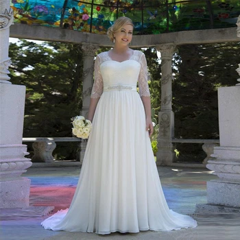 

Charming A Line Wedding Dresses Half Sleeve Lace Top Chiffon Skirt Beach Bride Dress New Fashion Zip Back Bridal Gowns