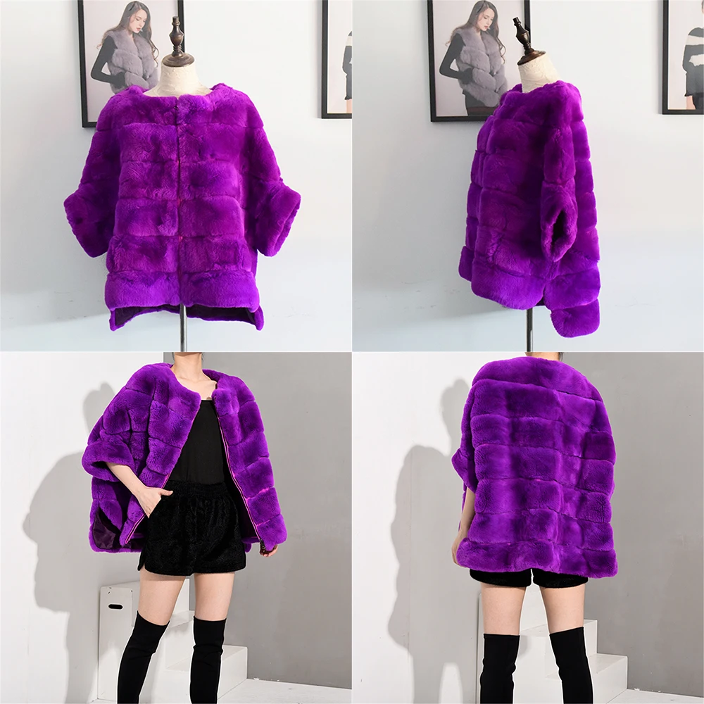 TOPFUR шуба из кролика Рекс, Женская Шуба с натуральным мехом на молнии, темно-фиолетовая Кожаная куртка, темно-синее зимнее пальто для женщин, большие размеры - Цвет: TC044-5