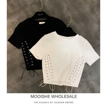 

2019 Summer New Round Neck Short-sleeved Side Braided Lace Small Woman Short Tee