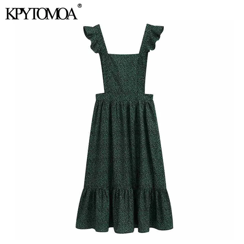 KPYTOMOA Women 2020 Elegant Fashion Floral Print Suspender Midi Dress Vintage Square Collar Ruffled Strap Female Dresses Vestido