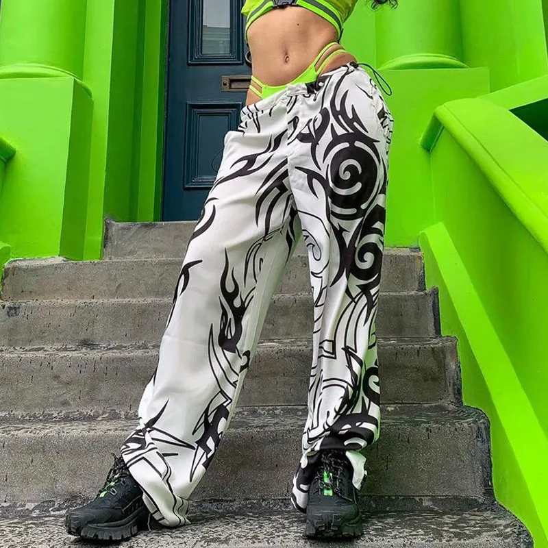 

tribal black white print wide leg joggers streetwear pants sexy bottom 2019 autumn winter cool women casual trousers harajuku