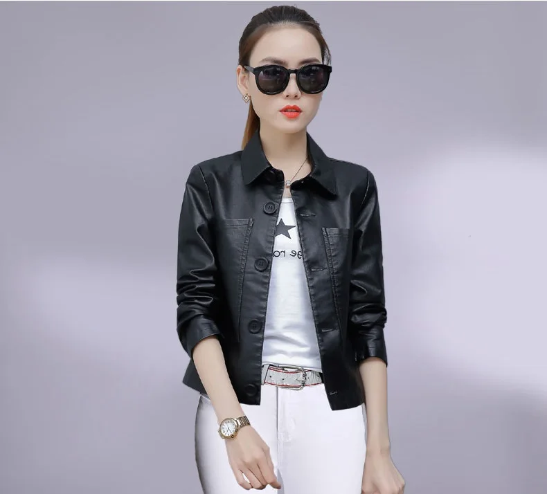 UHYTGF Leather Jacket Women Single-breasted PU Washed Leather Autumn Leather Coat Solid Color Wild Slim Short tops Big Size 827