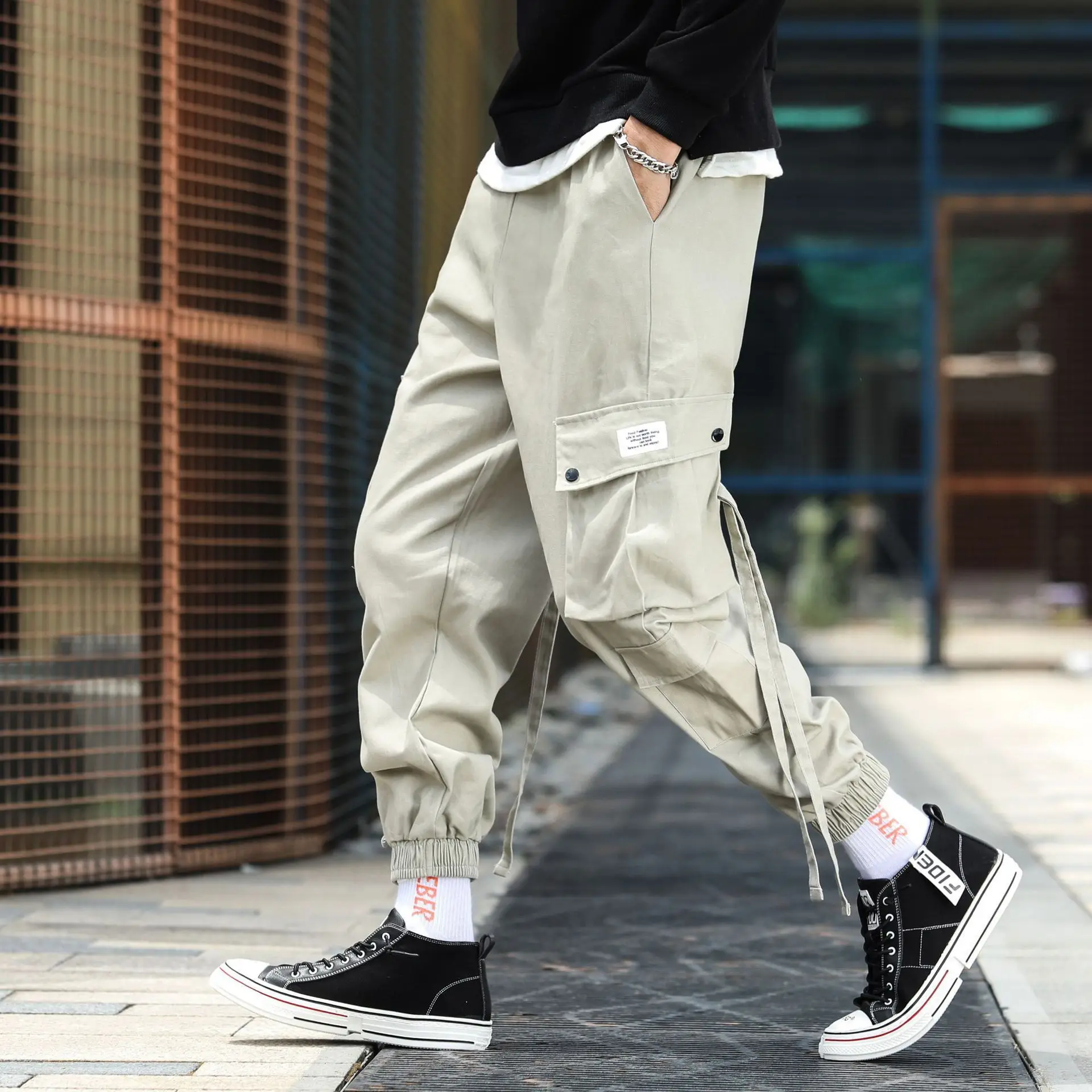 

2019 Autumn And Winter MEN'S Wear Drawstring Popular Brand Loose-Fit Color Casual Pants Bags Bib Overall Men's Beam Leg Straight