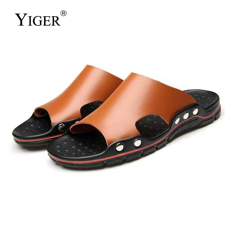 

YIGER New Men's Slippers large size man beach slidies cool summer men's casual shoes outside slippers